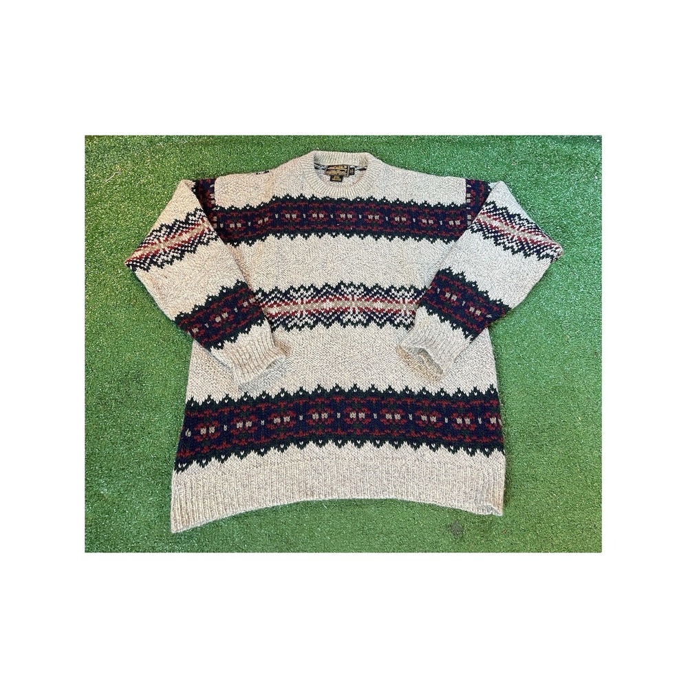 VTG Eddie Bauer Beige & Multi-Color Pattern Wool Sweater Mens Size M Made in USA